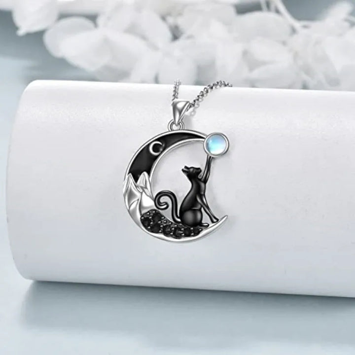 Black Cat Moon Crystal Pendant Necklace, view 2 - Elena Harper
