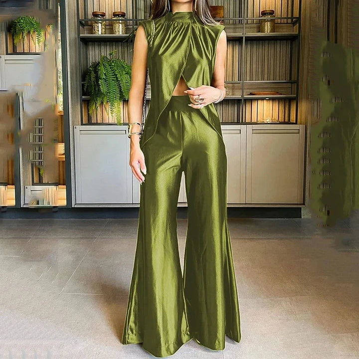 Solid Sleeveless Round Neck Two Piece Set, view 4 - Elena Harper