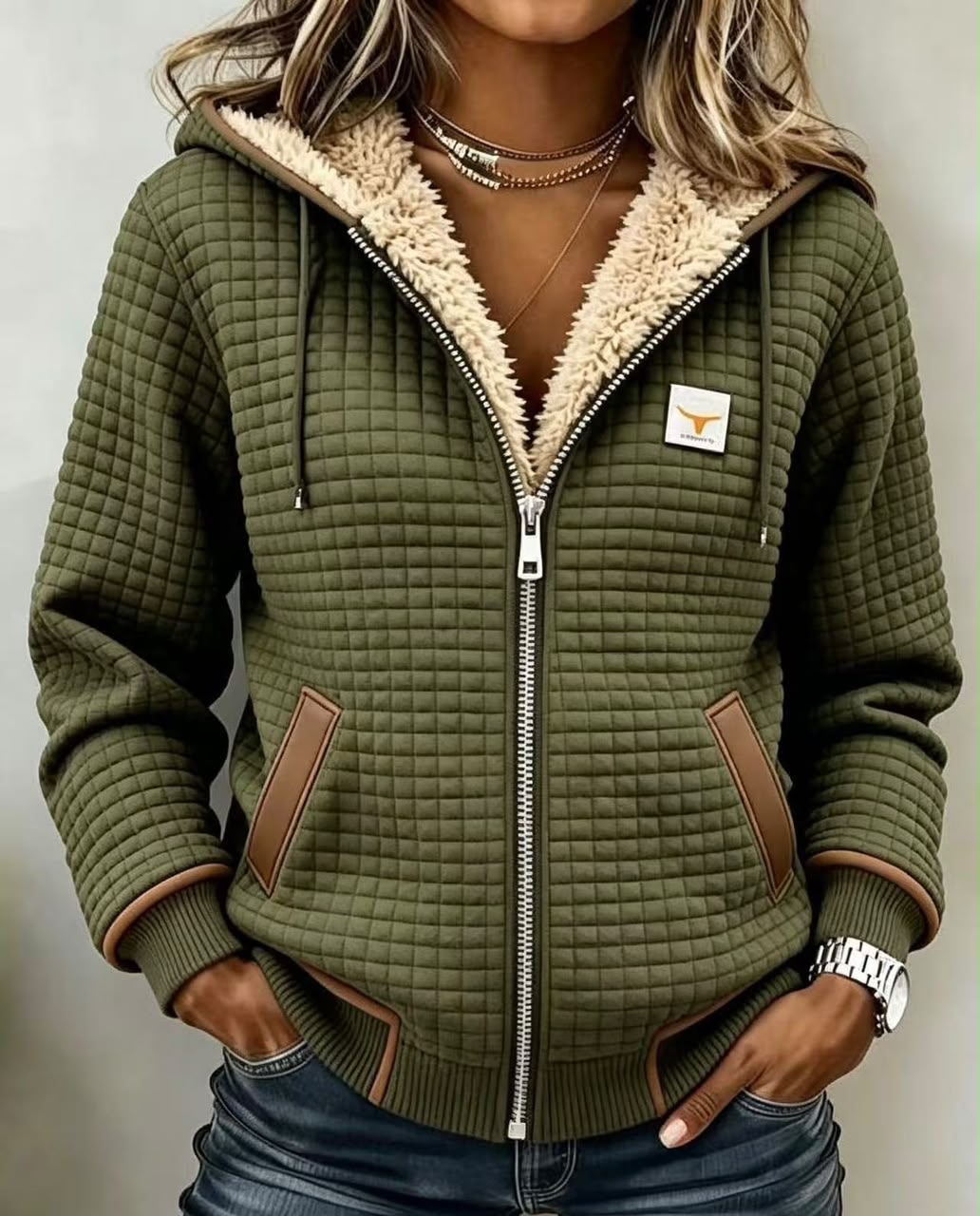 Delilah | Women's Quilted Zip-Up Hooded Jacket in Soft Olive