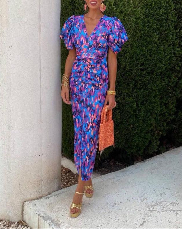 Elegant Midi Dress with Voluminous Sleeves - Elena Harper