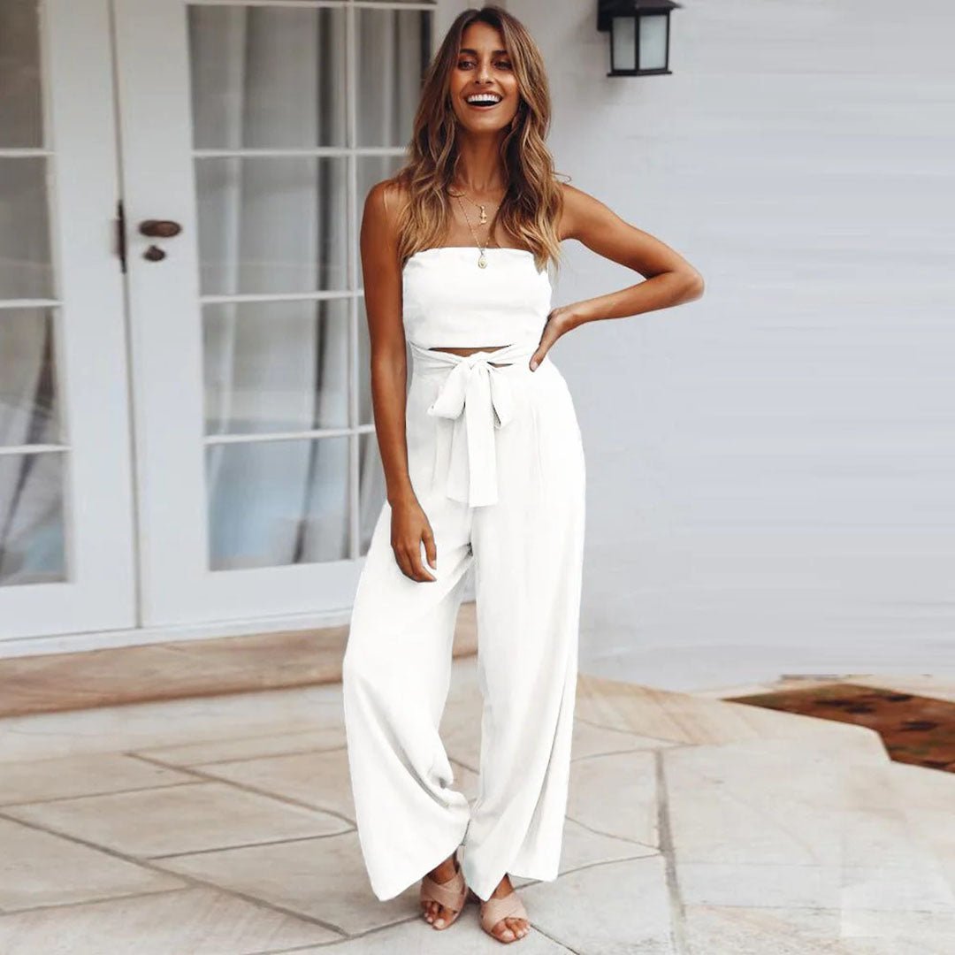 Women's Wide Leg Strapless Jumpsuit – Elegant Tied Waist