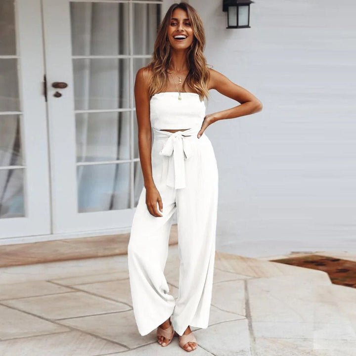 Women's Wide Leg Strapless Jumpsuit – Elegant Tied Waist