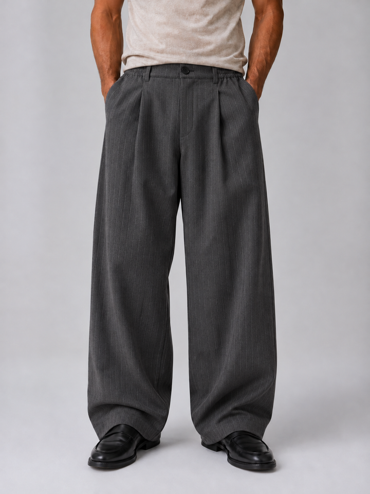 Men’s Pinstripe Wide Leg Trousers Baggy Tailored Pants - Elena Harper