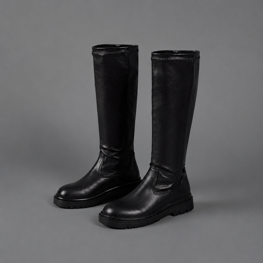 Black Knee High Boots Chunky Sole