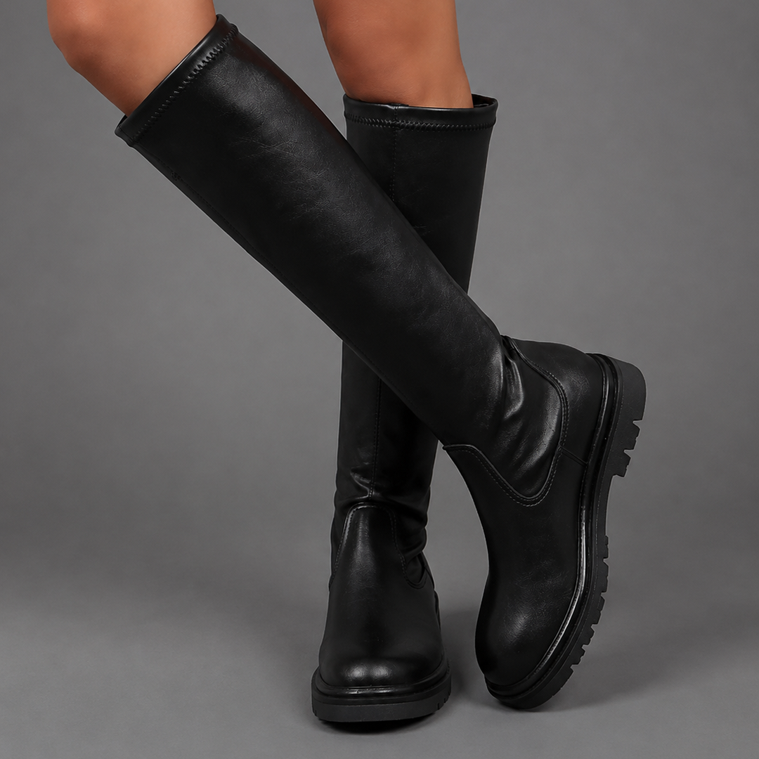 Black Knee High Boots Chunky Sole