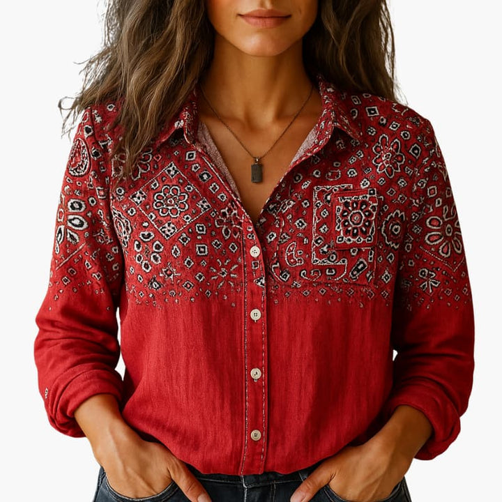 Women's Paisley Long Sleeve Blouse - Elegant Flow