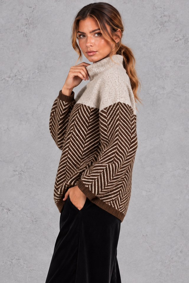 Women's Chevron Knit Mock Neck Jumper Colourblock Relaxed Fit Knitwear, view 2 - Elena Harper