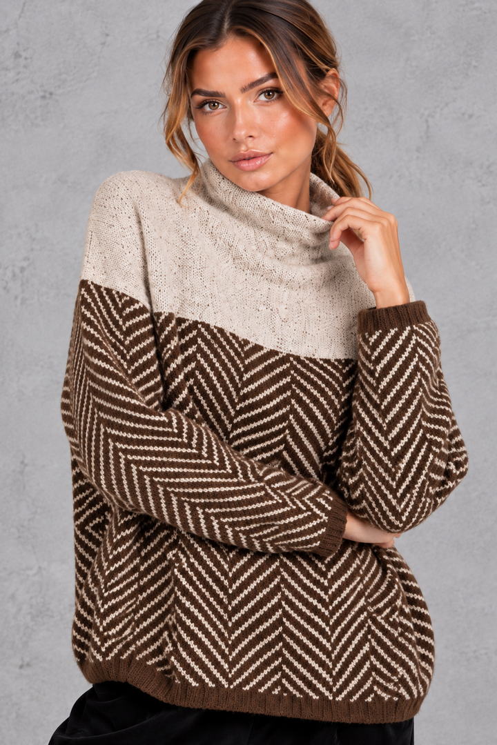 Women's Chevron Knit Mock Neck Jumper Colourblock Relaxed Fit Knitwear, view 3 - Elena Harper
