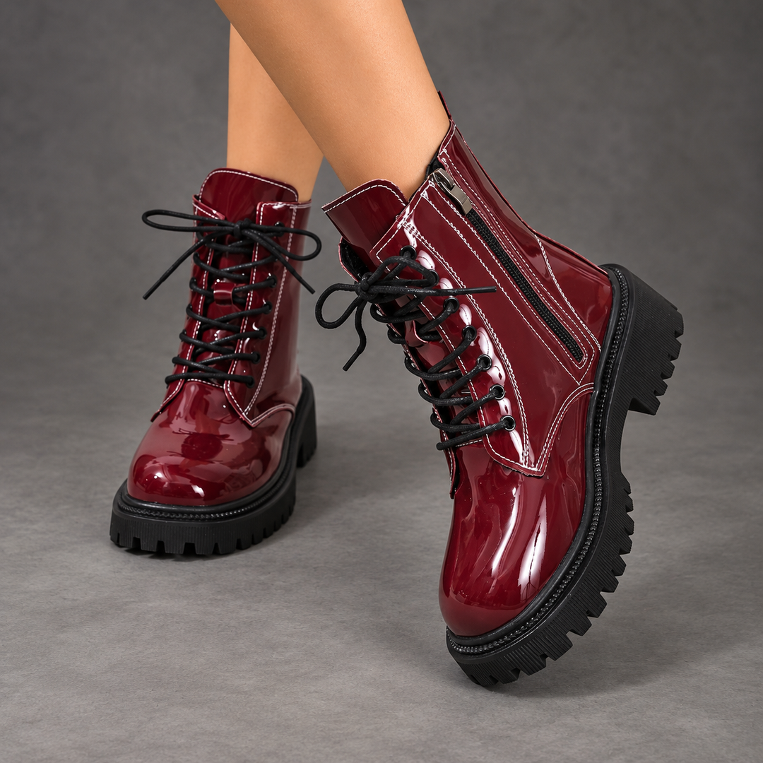 Women's Patent Lace-Up Ankle Boots – Side Zip Block Heel Winter Shoes