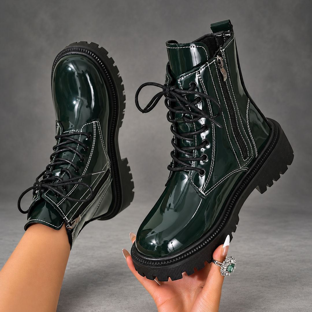 Women's Patent Lace-Up Ankle Boots – Side Zip Block Heel Winter Shoes