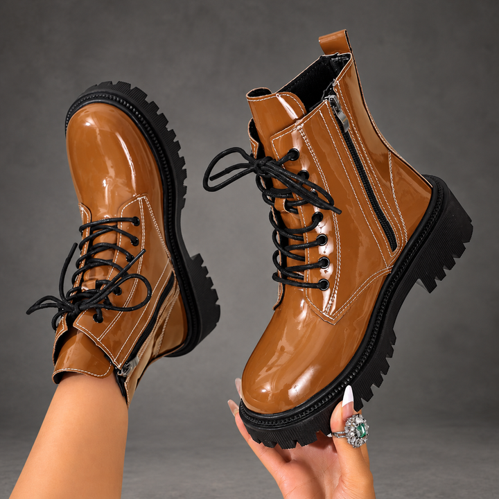 Women's Patent Lace-Up Ankle Boots – Side Zip Block Heel Winter Shoes