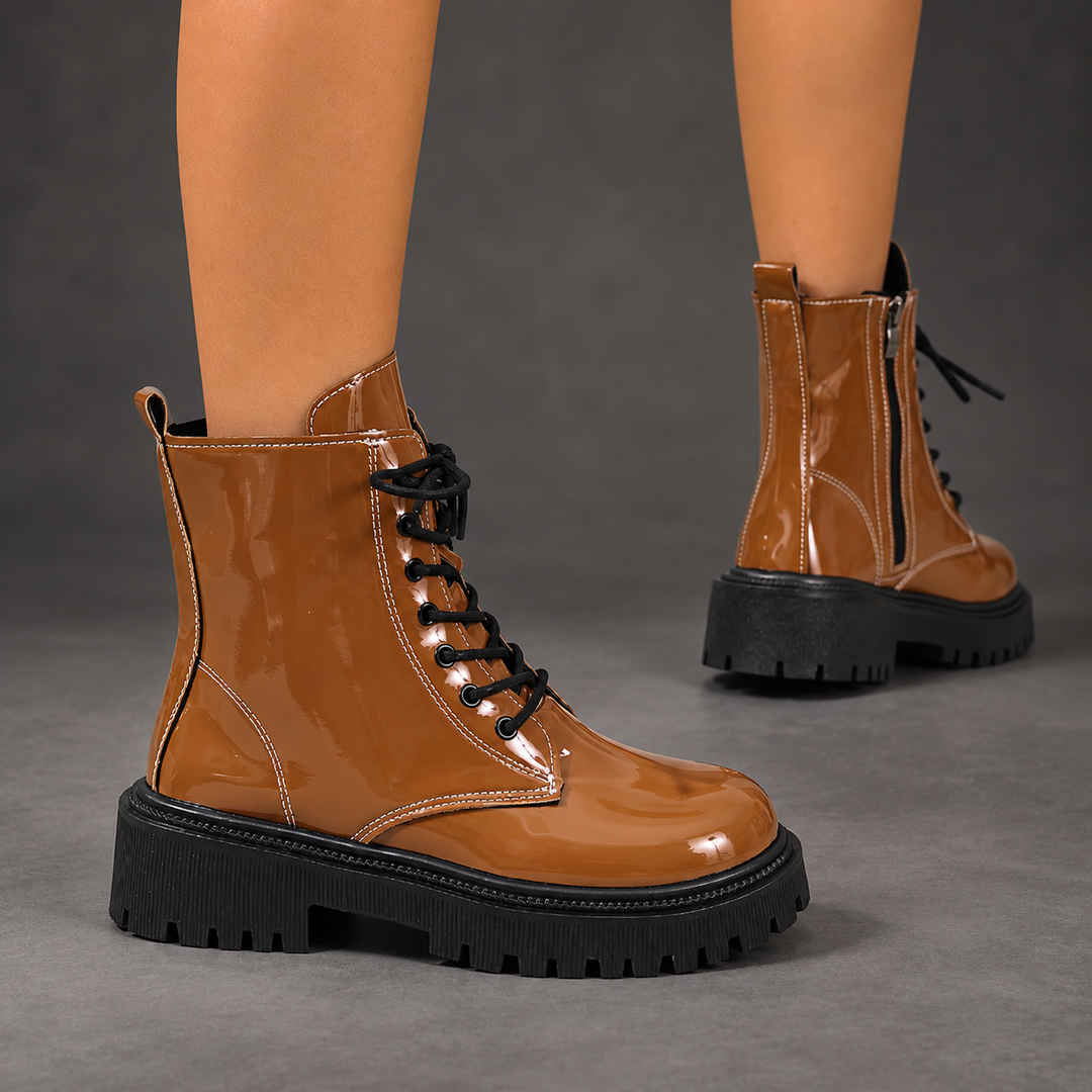 Women's Patent Lace-Up Ankle Boots – Side Zip Block Heel Winter Shoes