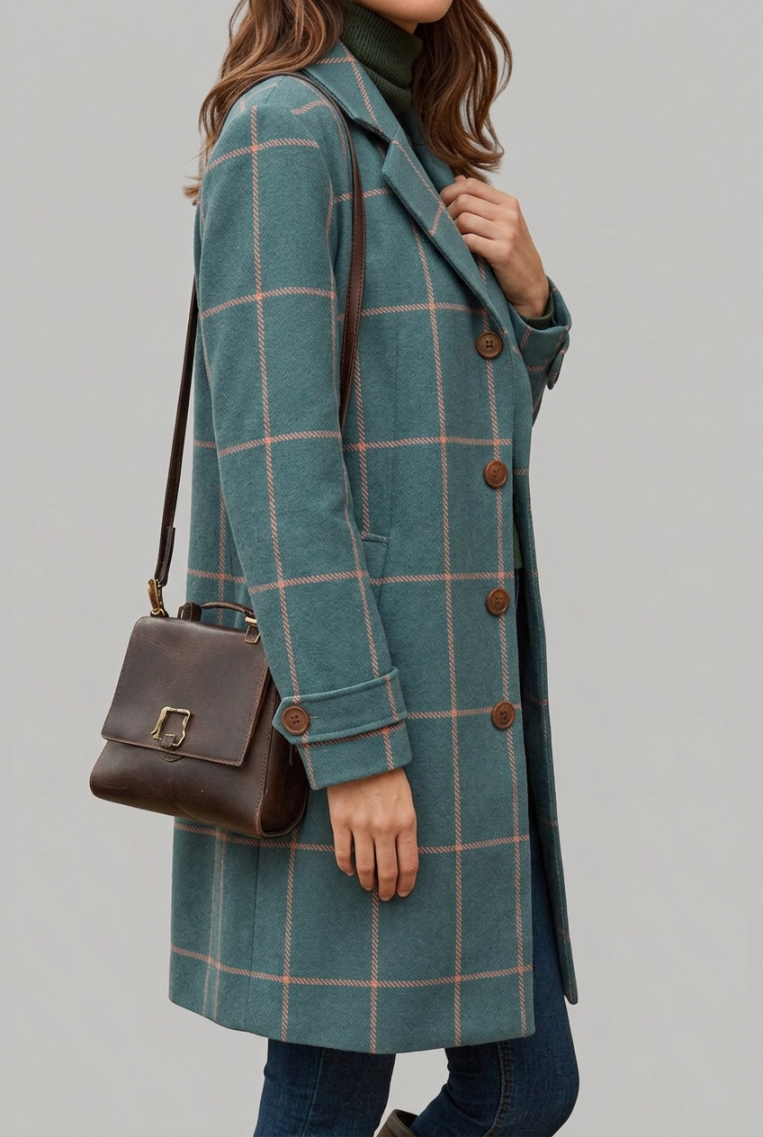 Women's Elegant Longline Check Coat with Button Front