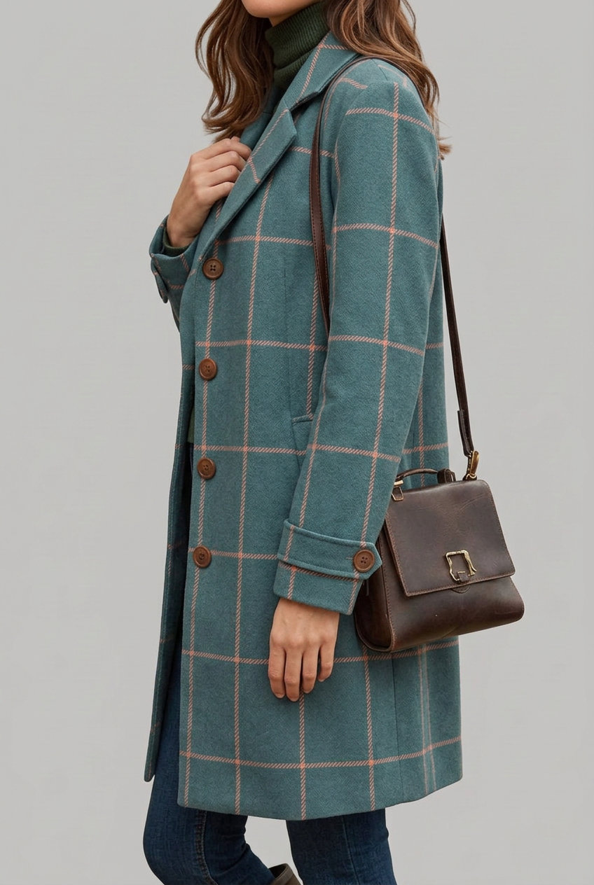 Women's Elegant Longline Check Coat with Button Front