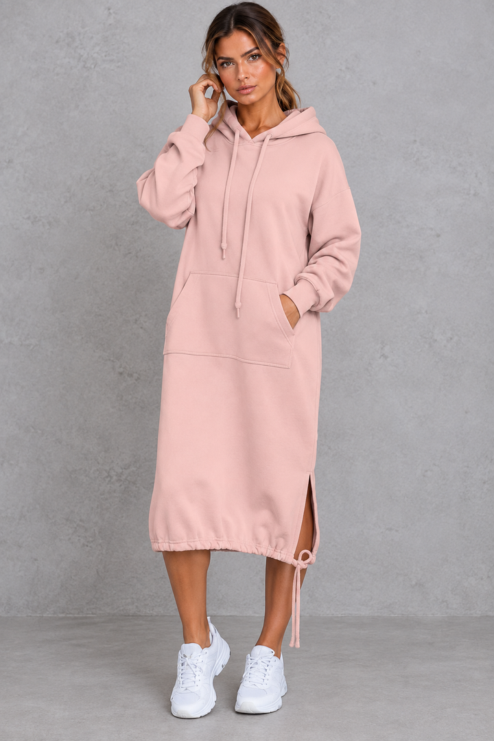 Women's Hooded Sweatshirt Dress Drawstring Hoodie Midi Dress with Side Split & Pockets - Elena Harper