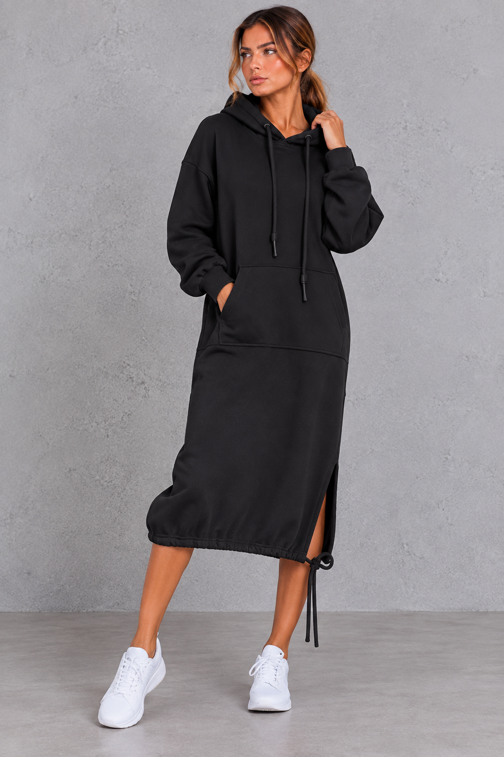 Women's Hooded Sweatshirt Dress Drawstring Hoodie Midi Dress with Side Split & Pockets, view 10 - Elena Harper
