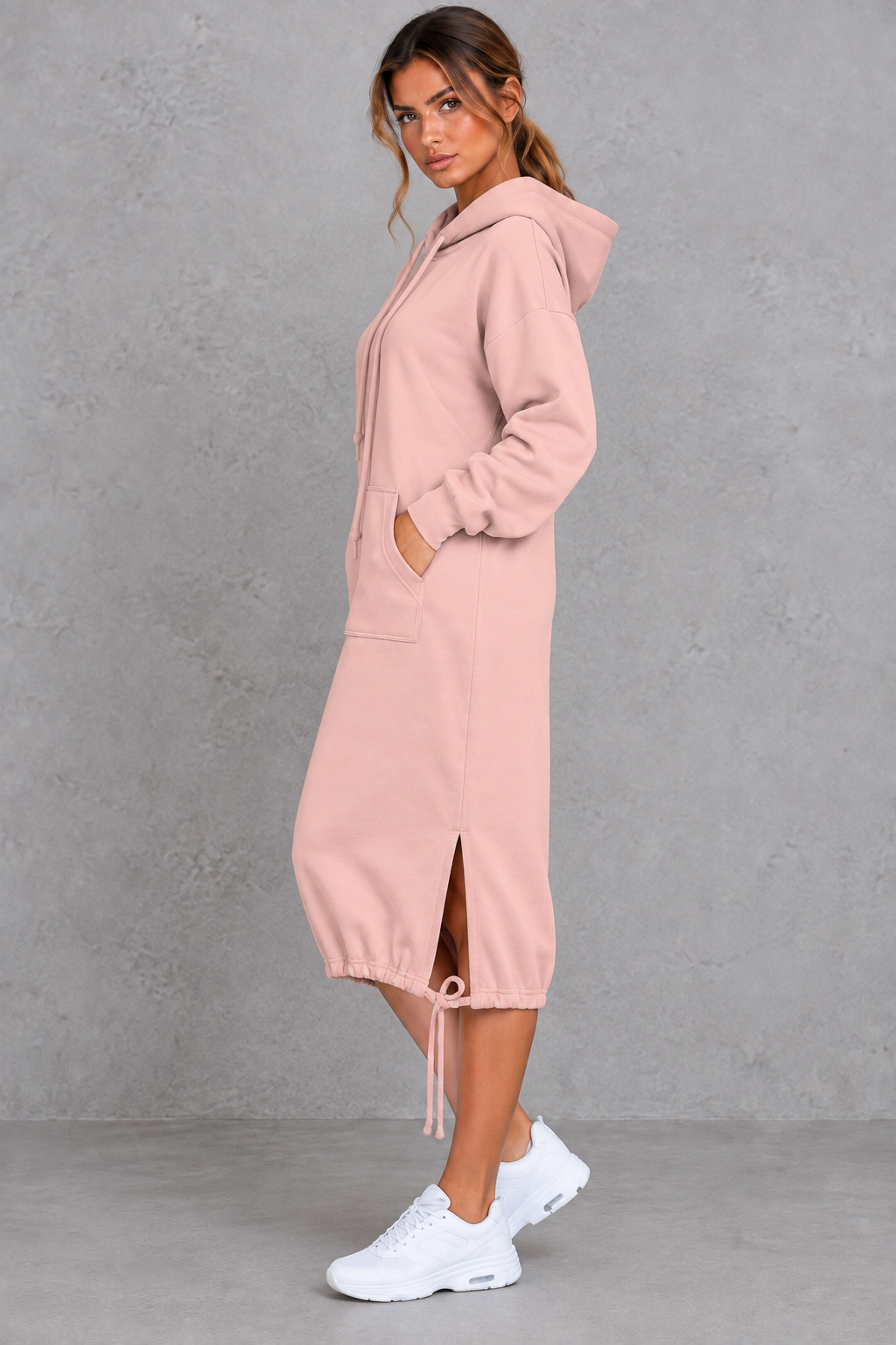 Women's Hooded Sweatshirt Dress Drawstring Hoodie Midi Dress with Side Split & Pockets, view 2 - Elena Harper