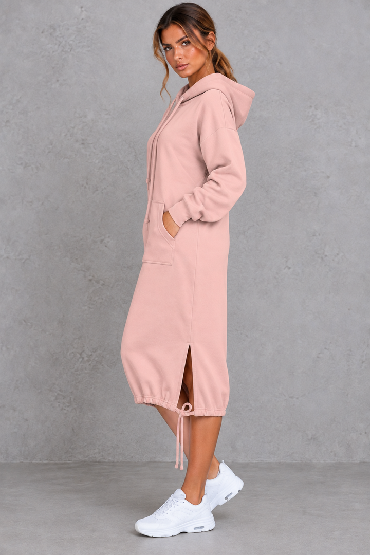Women's Hooded Sweatshirt Dress Drawstring Hoodie Midi Dress with Side Split & Pockets, view 2 - Elena Harper