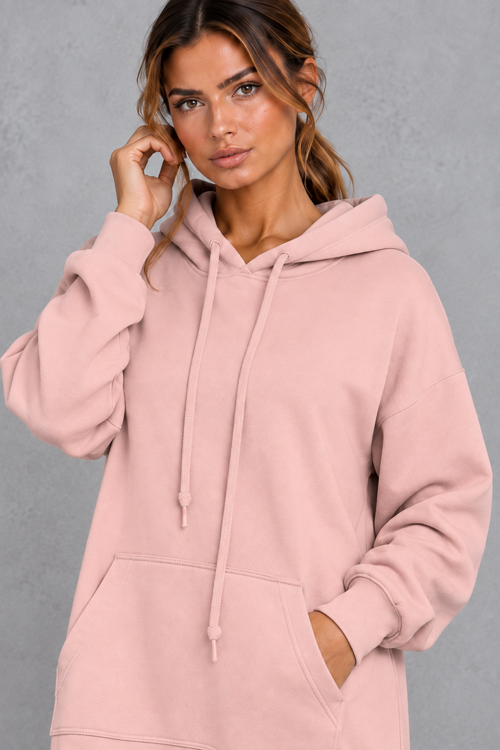 Women's Hooded Sweatshirt Dress Drawstring Hoodie Midi Dress with Side Split & Pockets, view 3 - Elena Harper