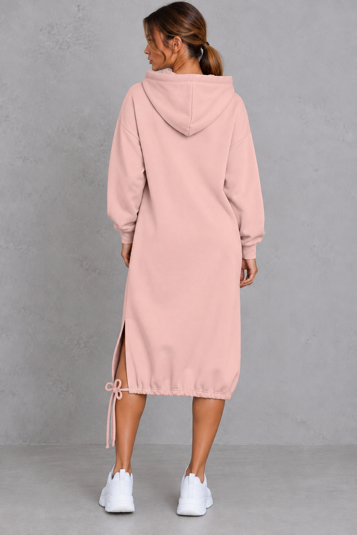 Women's Hooded Sweatshirt Dress Drawstring Hoodie Midi Dress with Side Split & Pockets, view 4 - Elena Harper