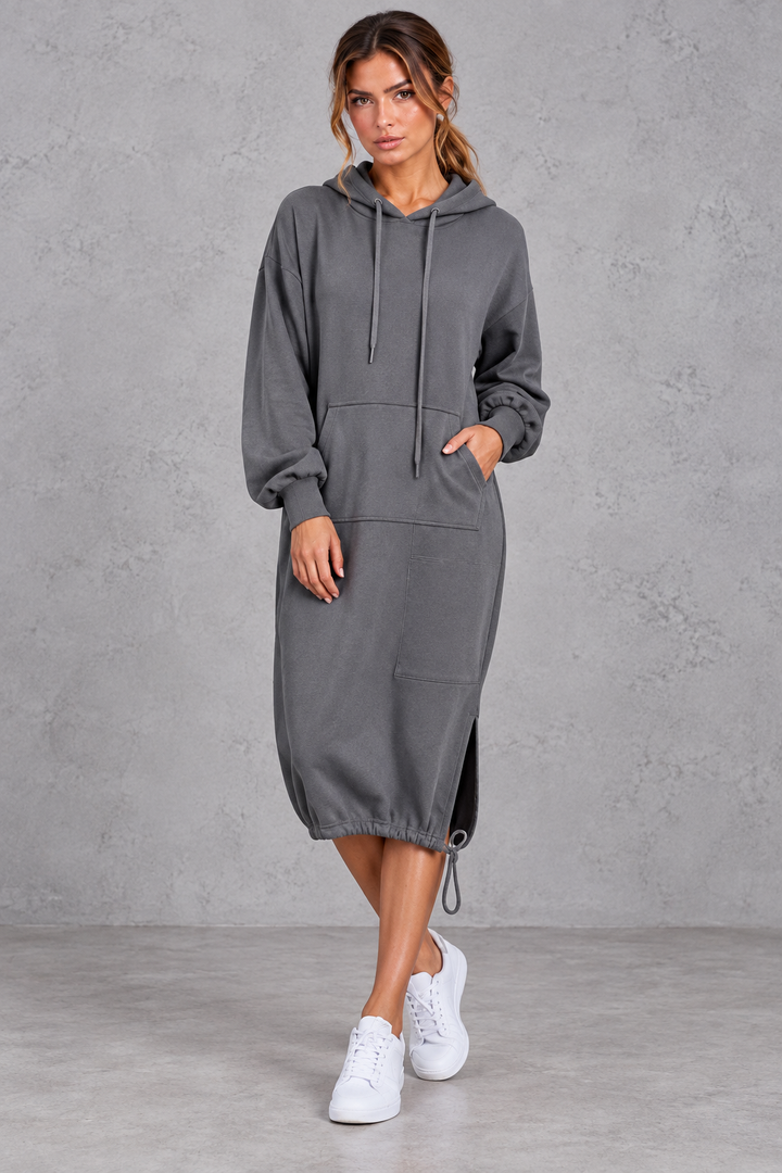 Women's Hooded Sweatshirt Dress Drawstring Hoodie Midi Dress with Side Split & Pockets, view 5 - Elena Harper