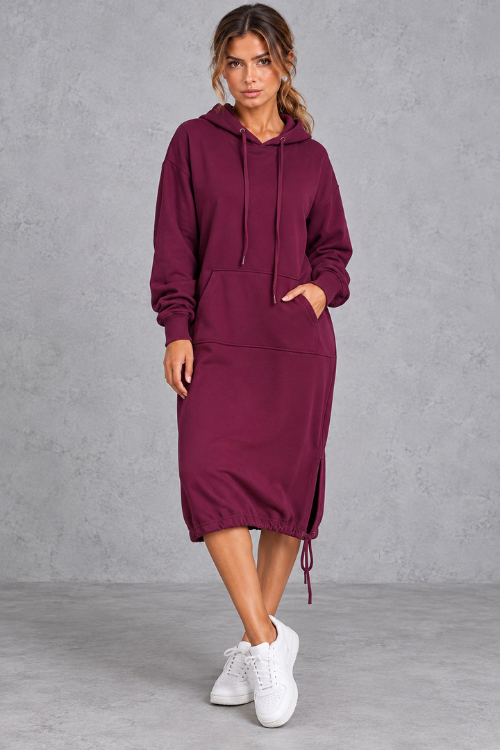 Women's Hooded Sweatshirt Dress Drawstring Hoodie Midi Dress with Side Split & Pockets, view 6 - Elena Harper