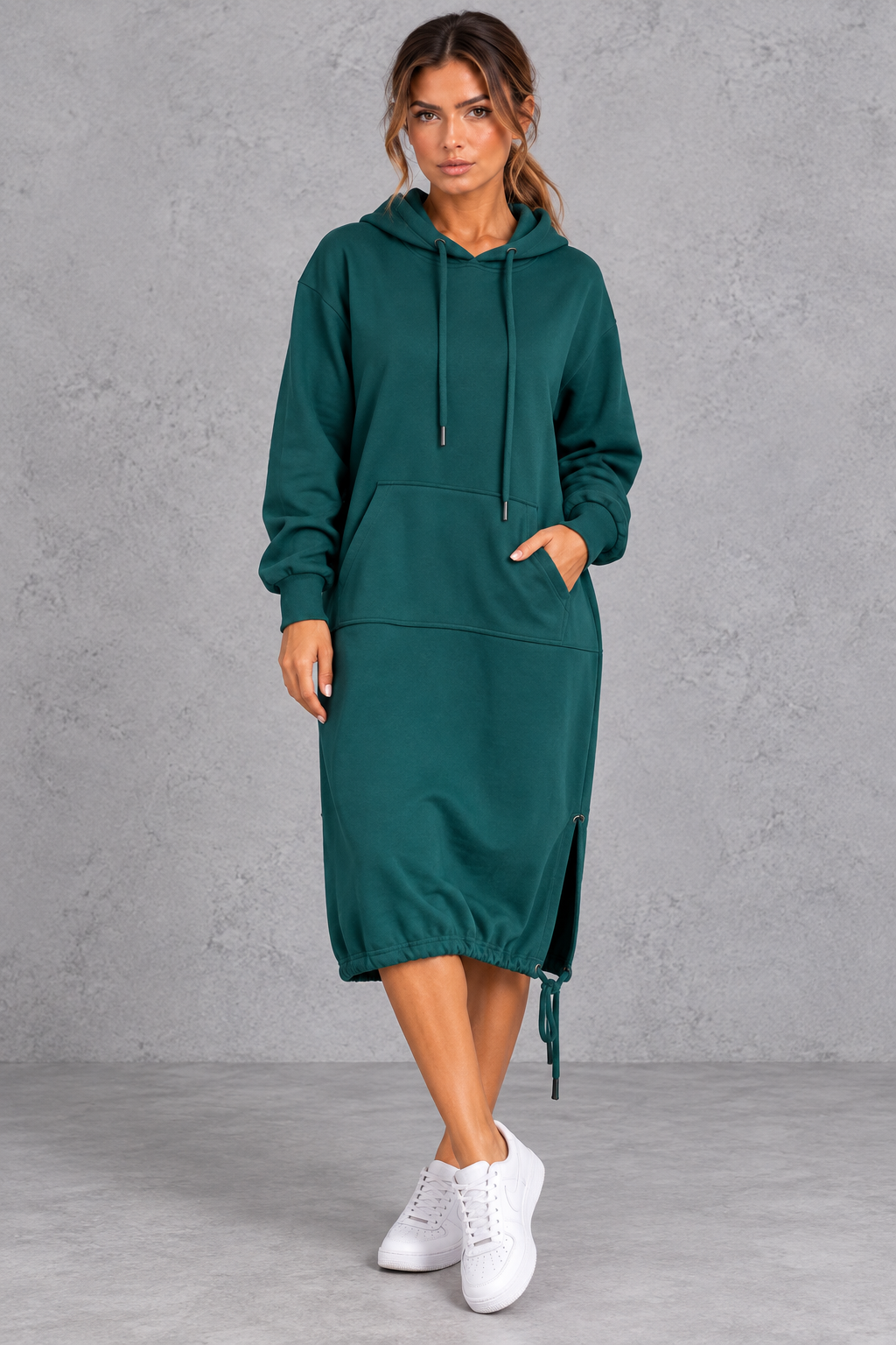 Women's Hooded Sweatshirt Dress Drawstring Hoodie Midi Dress with Side Split & Pockets, view 8 - Elena Harper
