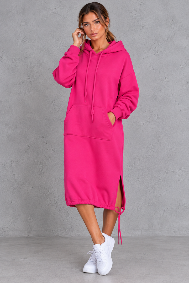 Women's Hooded Sweatshirt Dress Drawstring Hoodie Midi Dress with Side Split & Pockets, view 9 - Elena Harper