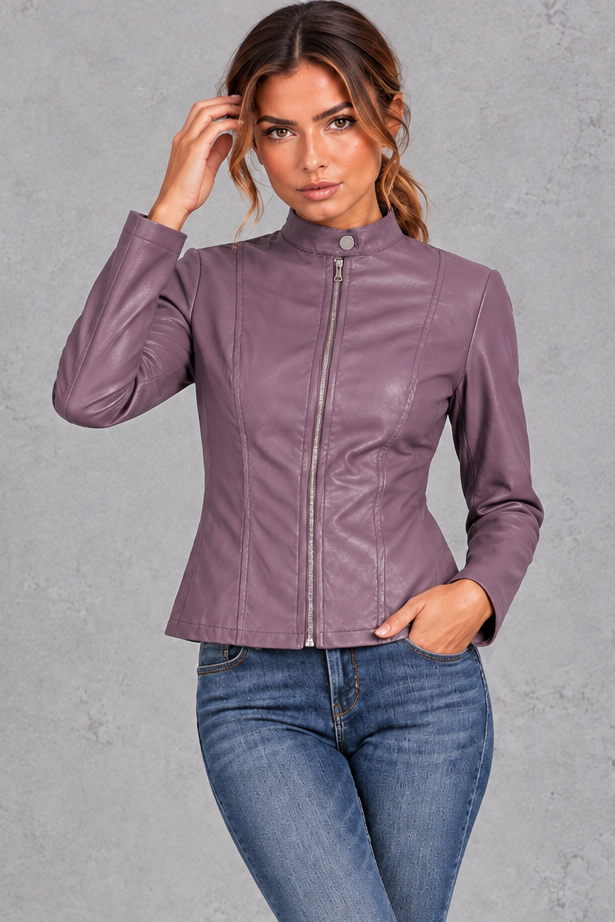 Women's Fitted Biker Jacket Stand Collar & Zip-Front Design, view 10 - Elena Harper