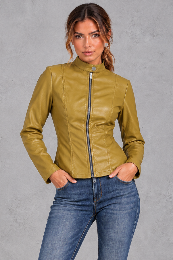 Women's Fitted Biker Jacket Stand Collar & Zip-Front Design - Elena Harper
