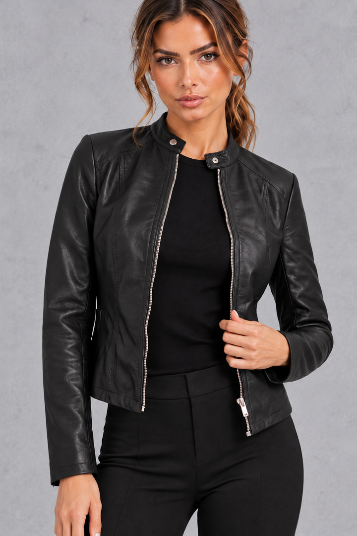 Women's Fitted Biker Jacket Stand Collar & Zip-Front Design, view 3 - Elena Harper
