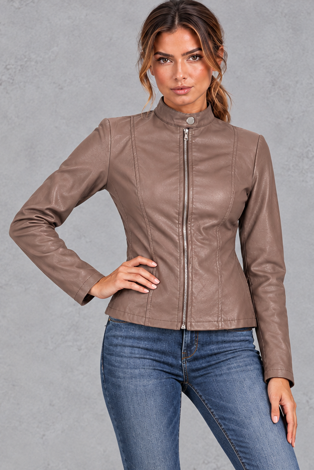 Women's Fitted Biker Jacket Stand Collar & Zip-Front Design, view 6 - Elena Harper