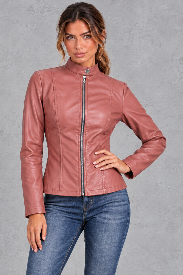 Women's Fitted Biker Jacket Stand Collar & Zip-Front Design, view 7 - Elena Harper