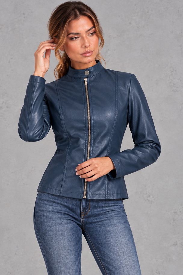 Women's Fitted Biker Jacket Stand Collar & Zip-Front Design, view 9 - Elena Harper