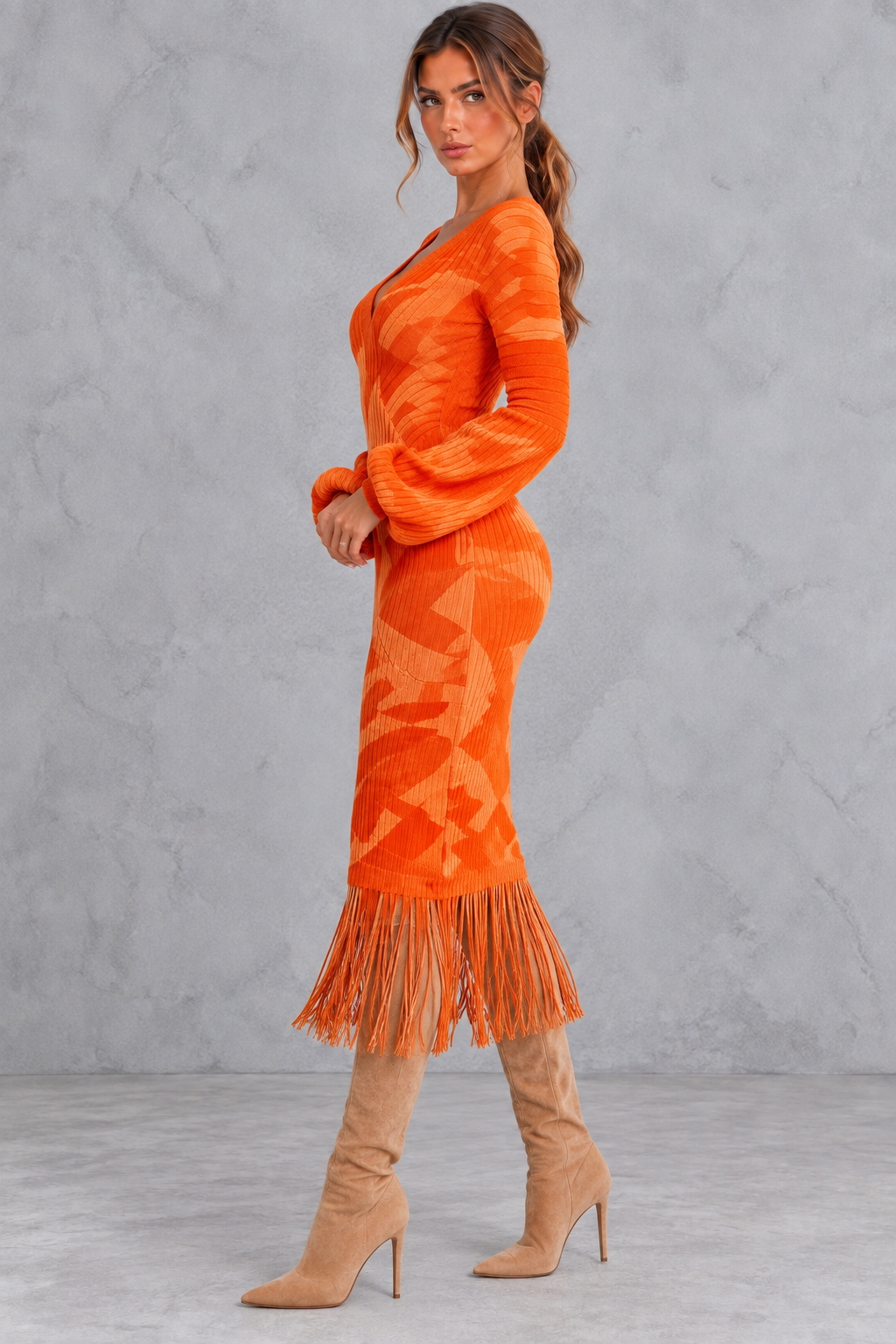 Women’s V-Neck Fringe Hem Knitted Jumper Dress – Long Sleeve Midi