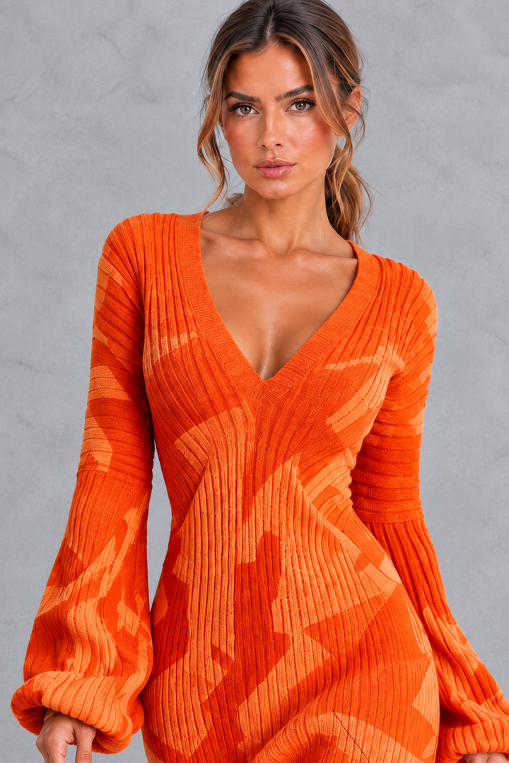Women’s V-Neck Fringe Hem Knitted Jumper Dress – Long Sleeve Midi