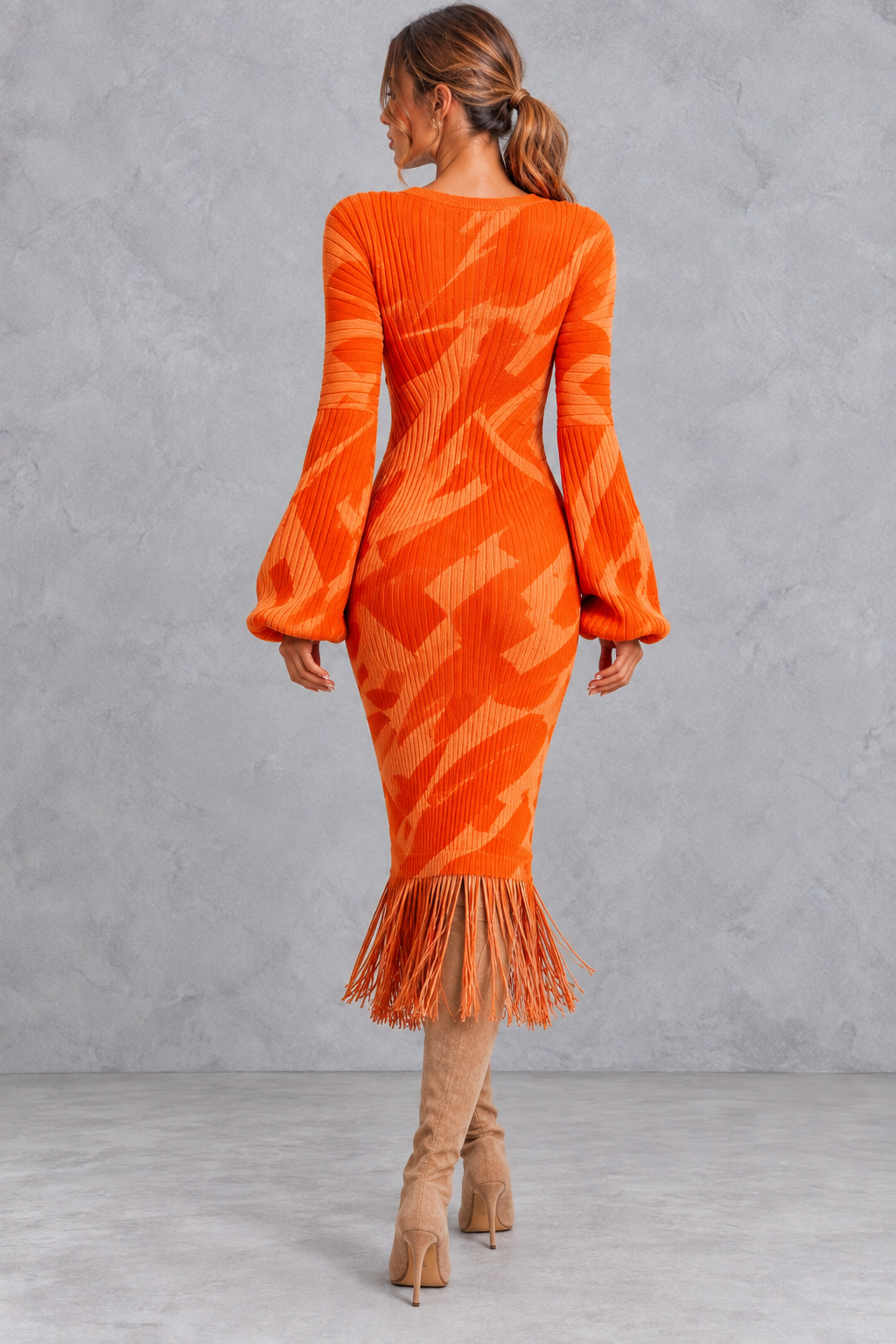 Women’s V-Neck Fringe Hem Knitted Jumper Dress – Long Sleeve Midi
