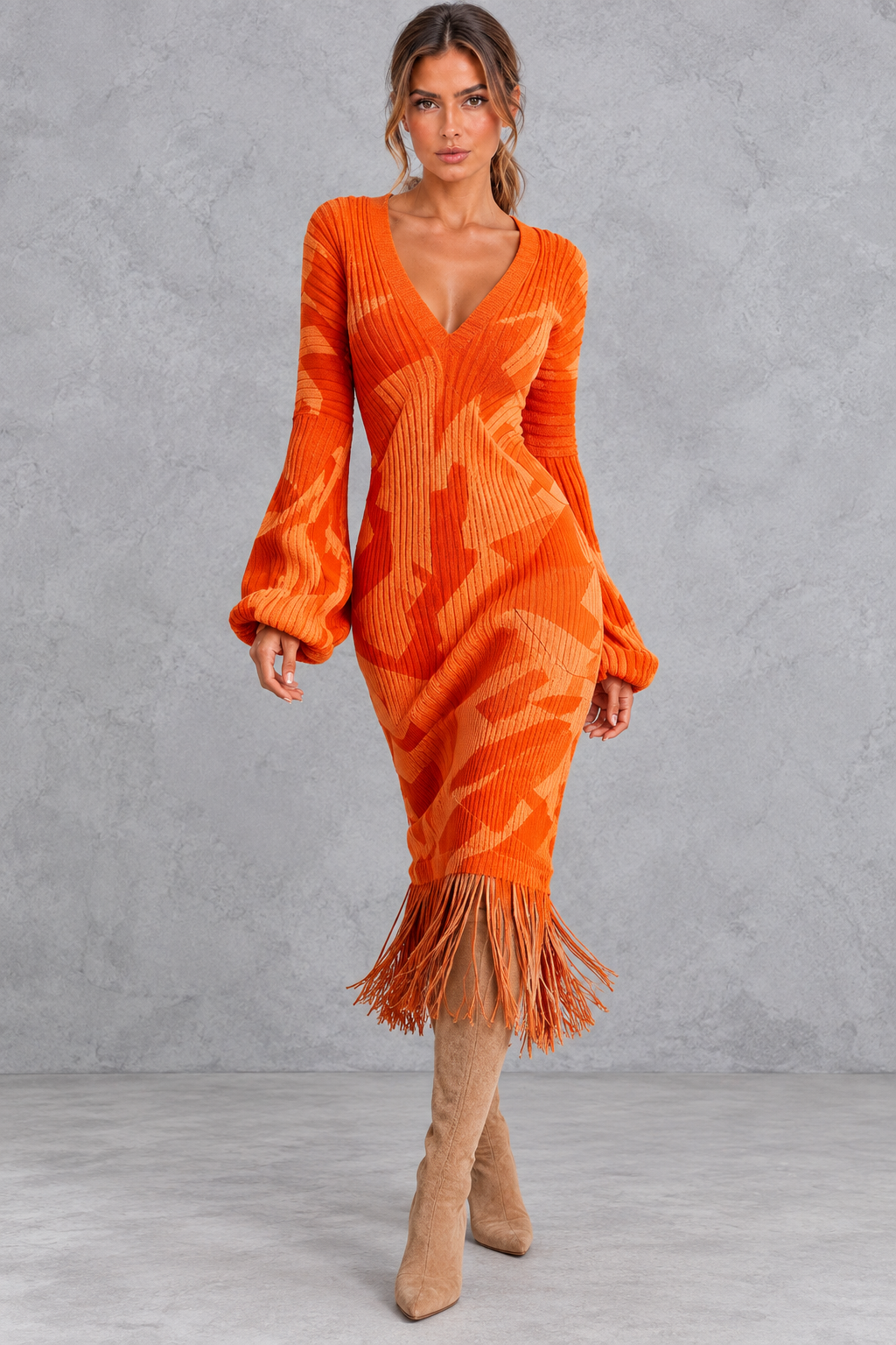 Women’s V-Neck Fringe Hem Knitted Jumper Dress – Long Sleeve Midi