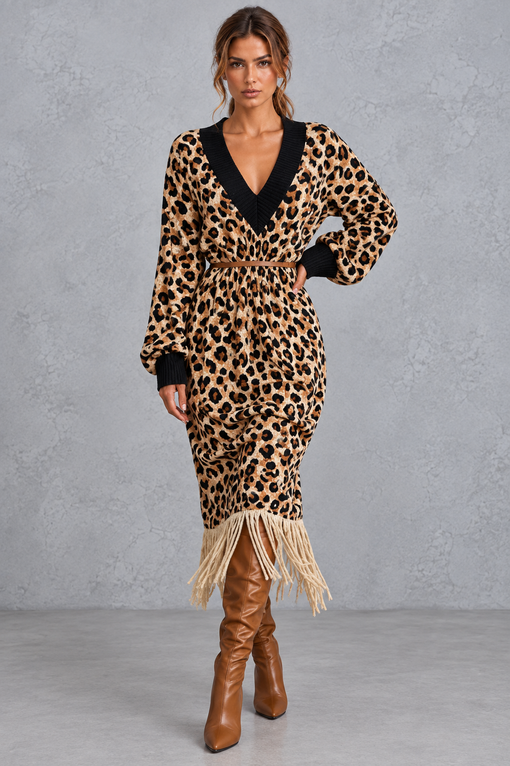 Women’s V-Neck Fringe Hem Knitted Jumper Dress – Long Sleeve Midi