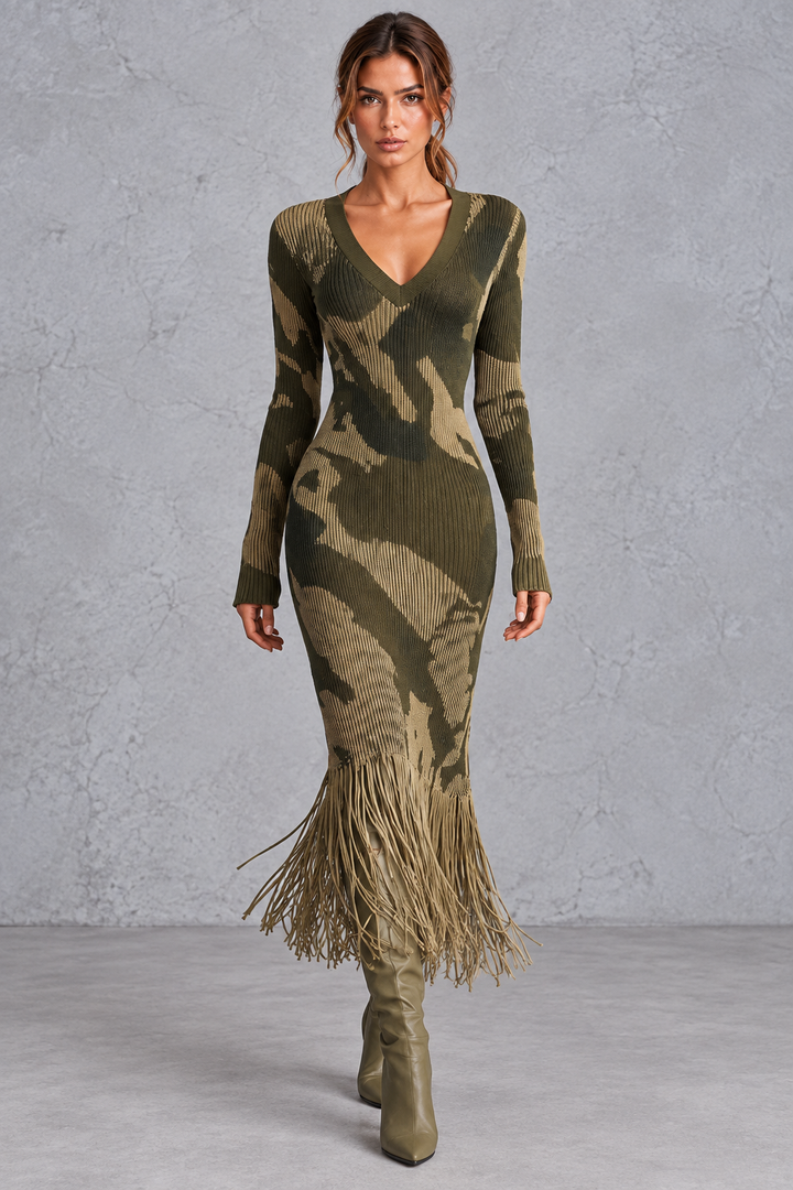 Women’s V-Neck Fringe Hem Knitted Jumper Dress – Long Sleeve Midi