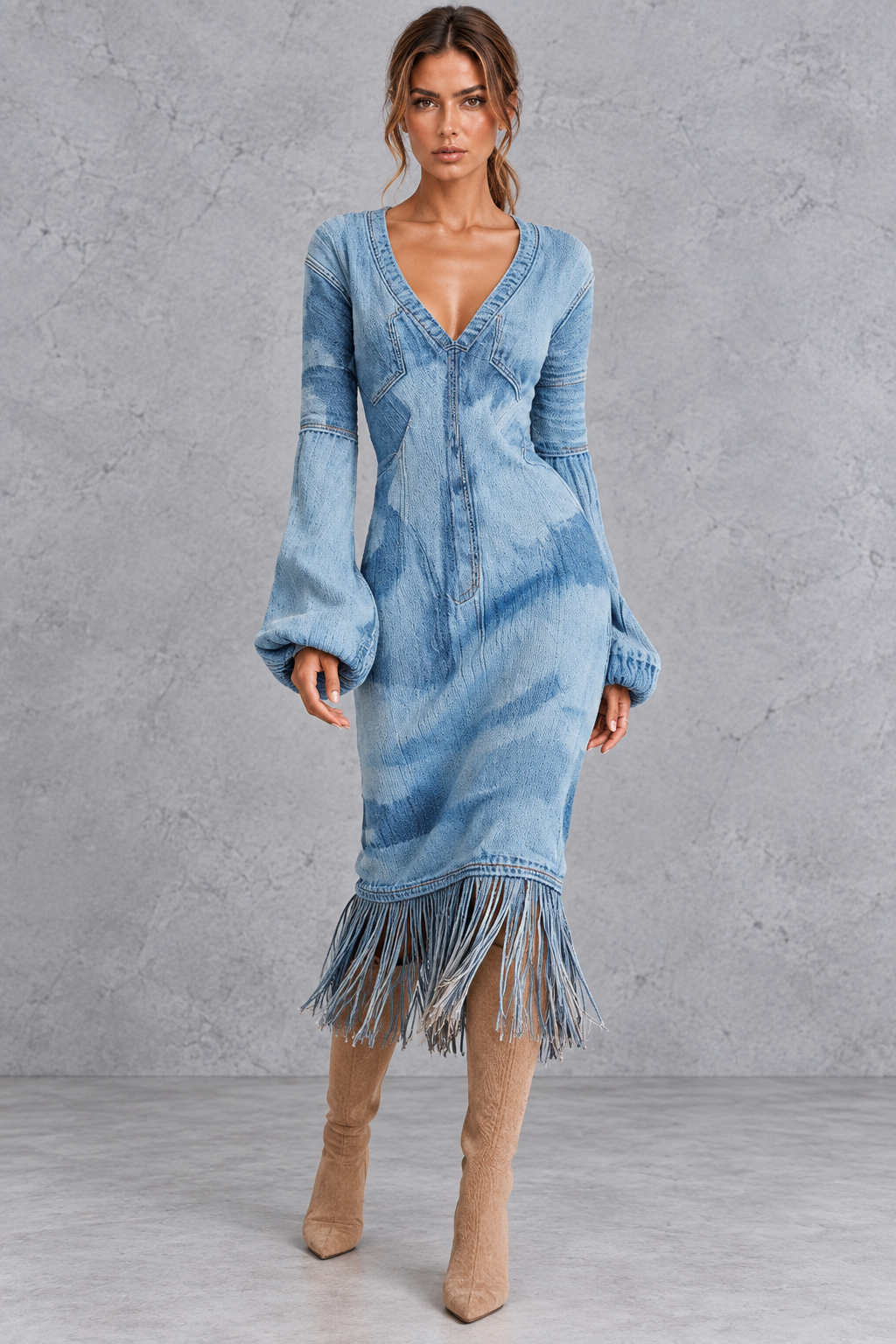 Women’s V-Neck Fringe Hem Knitted Jumper Dress – Long Sleeve Midi