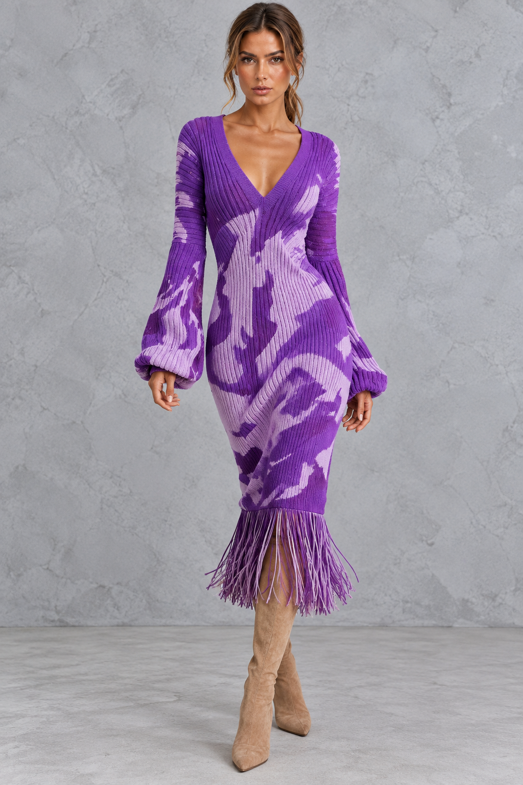 Women’s V-Neck Fringe Hem Knitted Jumper Dress – Long Sleeve Midi