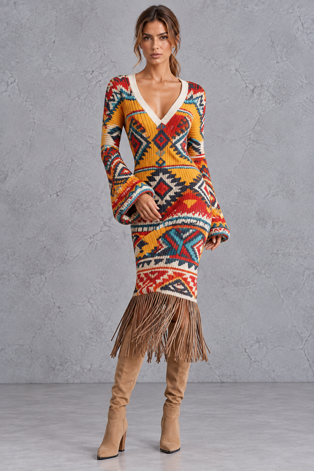 Women’s V-Neck Fringe Hem Knitted Jumper Dress – Long Sleeve Midi