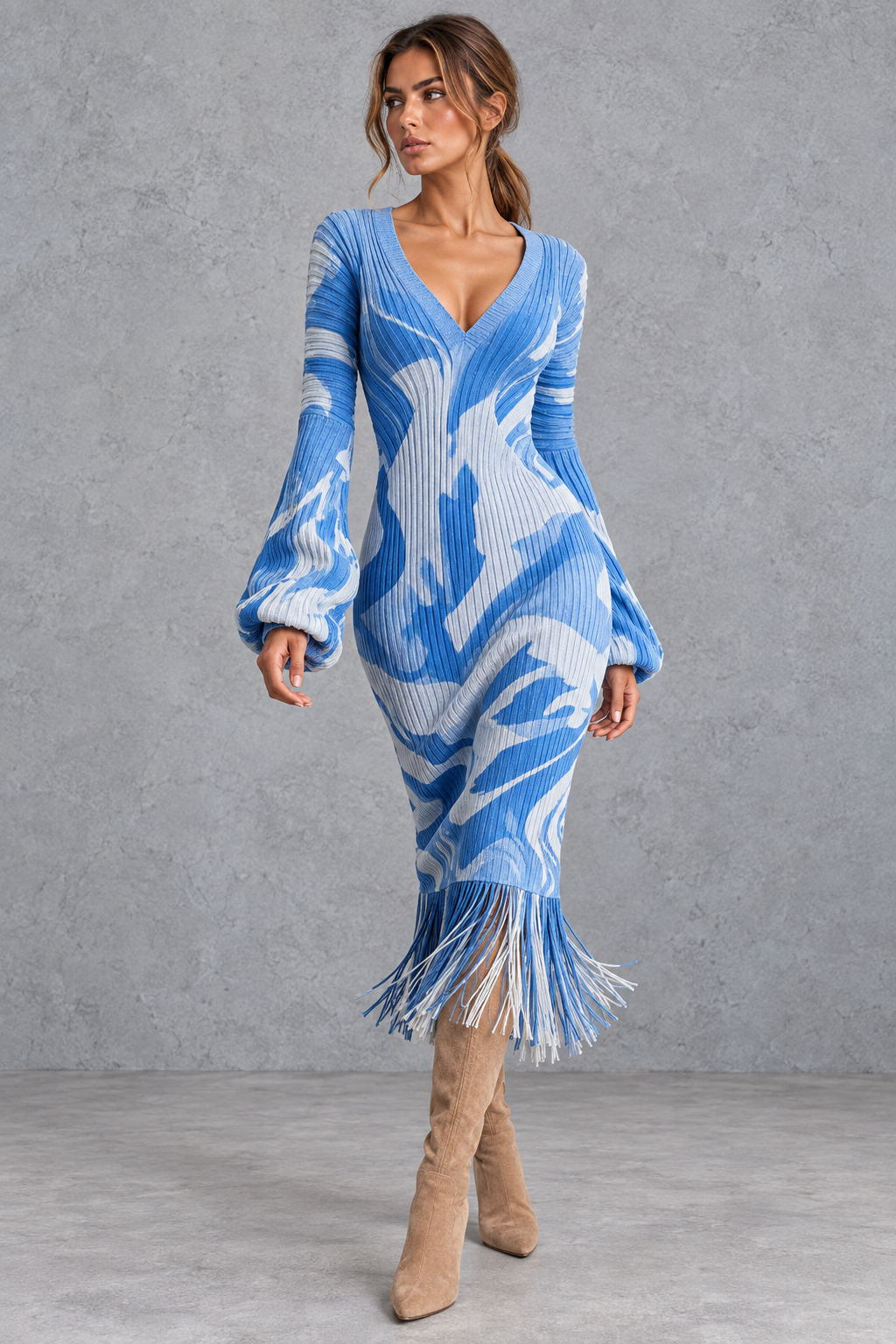 Women’s V-Neck Fringe Hem Knitted Jumper Dress – Long Sleeve Midi