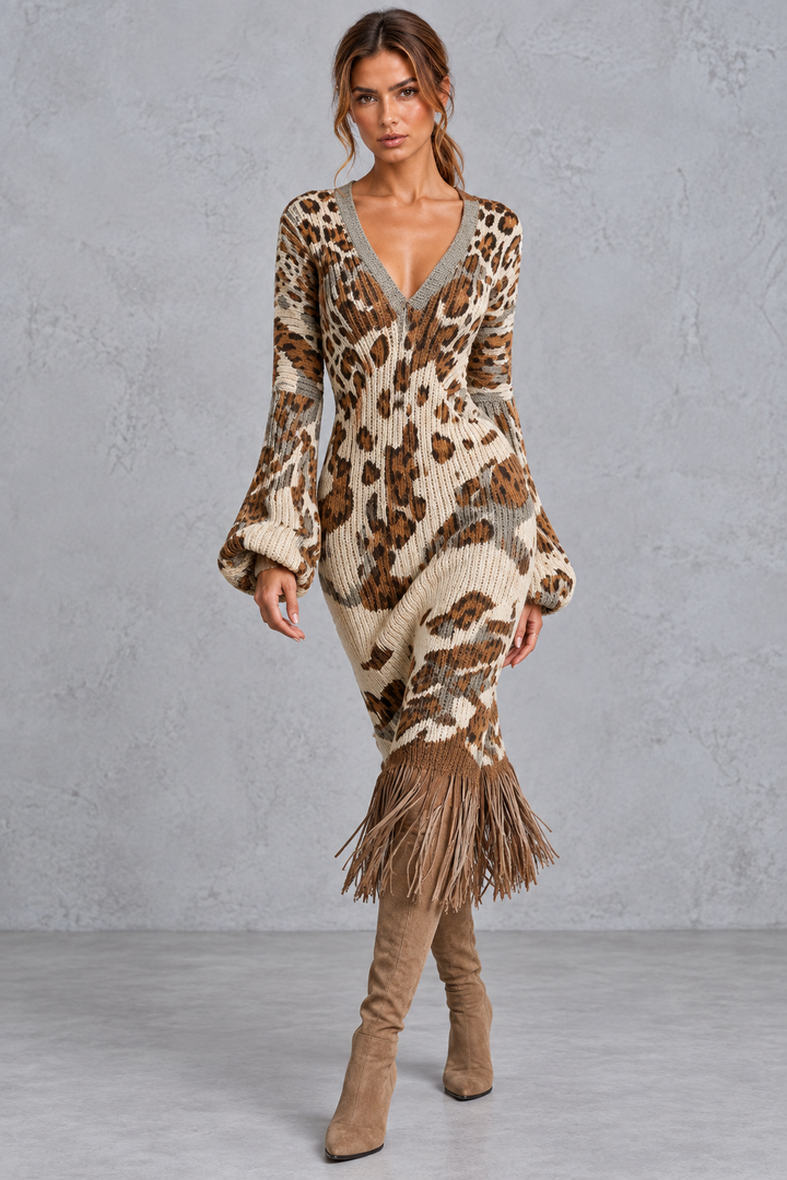 Women’s V-Neck Fringe Hem Knitted Jumper Dress – Long Sleeve Midi