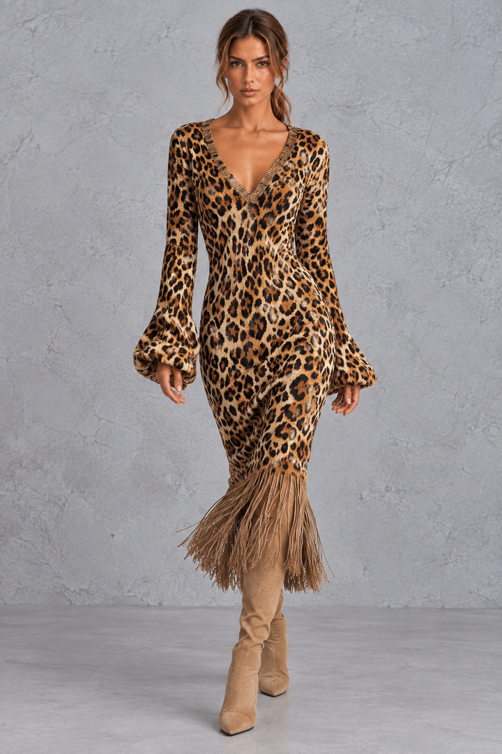 Women’s V-Neck Fringe Hem Knitted Jumper Dress – Long Sleeve Midi