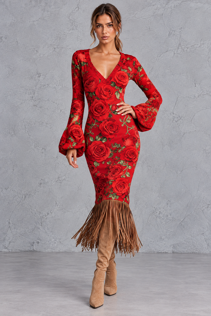 Women’s V-Neck Fringe Hem Knitted Jumper Dress – Long Sleeve Midi