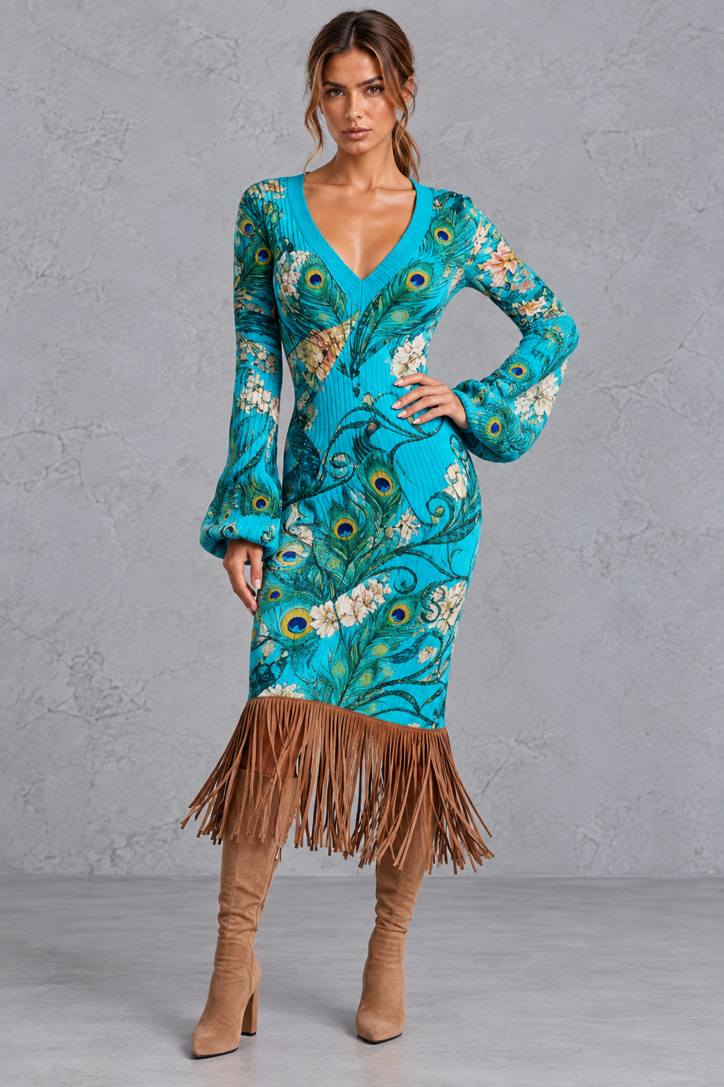 Women’s V-Neck Fringe Hem Knitted Jumper Dress – Long Sleeve Midi