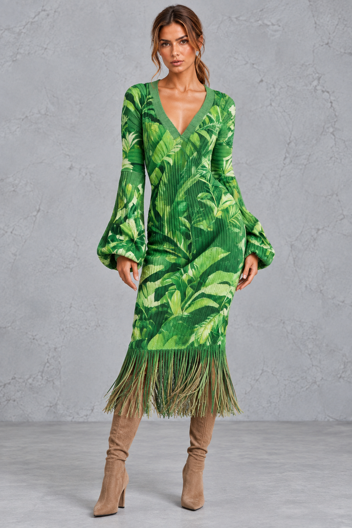 Women’s V-Neck Fringe Hem Knitted Jumper Dress – Long Sleeve Midi