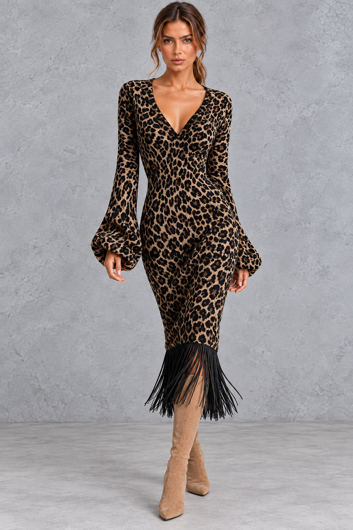 Women’s V-Neck Fringe Hem Knitted Jumper Dress – Long Sleeve Midi